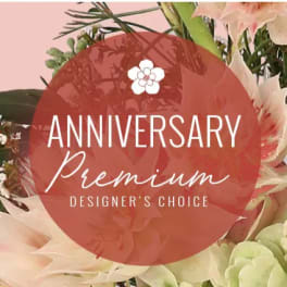 Anniversary designer's choice text over soft pink and cream flowers