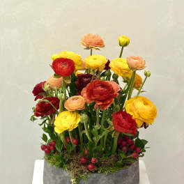 Low gray bowl filled with tall yellow, orange, and red blooms accented with red berries.