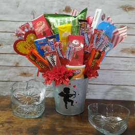 Candy bouquet in a metal bucket with heart decorations