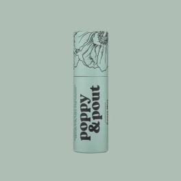Mint-green lip balm tube with floral line art and bold text