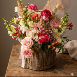Wicker basket of pink and white roses, ranunculus, and snapdragons with red berries.