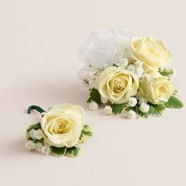 White Spray Rose Corsage & Boutonniere (White)