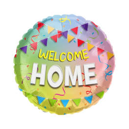 Round foil balloon reading Welcome Home with colorful bunting
