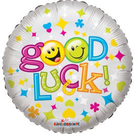 Round foil balloon with "good luck!" text and colorful smiley faces