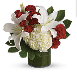 White lilies and red carnations in a dark glass vase