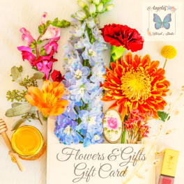 Gift card design with colorful flowers and the text "Flowers & Gifts Gift Card"