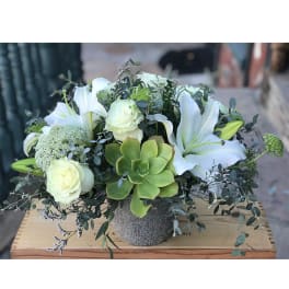 White lilies and roses arranged with a green succulent in a textured pot