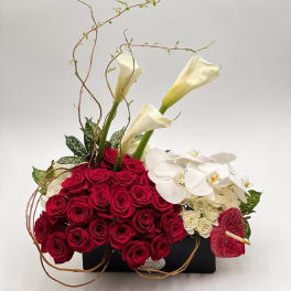 Red roses with white calla lilies and orchids in a black container