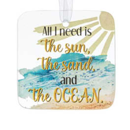 Square hanging beach-themed sign with sun, ocean, sand art and a beach quote in cursive text.