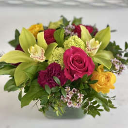 Low arrangement of pink and yellow roses, green orchids, and lime blooms in a glass cube vase