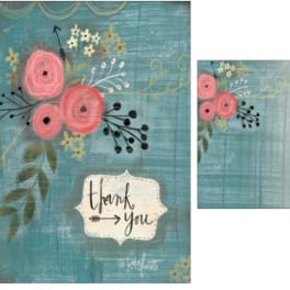 Floral thank-you card with pink blossoms on a teal background