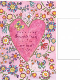 Pink Valentine card with a heart and flowers, plus a matching envelope