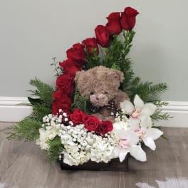 Red roses and white orchids arranged with a teddy bear in a black box