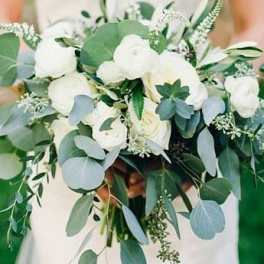 White bouquet with eucalyptus and trailing greenery