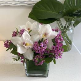 Compact arrangement of white orchids and small purple flowers in a square glass vase
