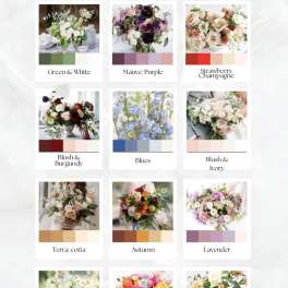 Color palette collage with nine floral bouquet examples and labeled swatches
