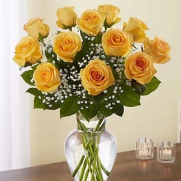 Yellow roses arranged in a clear glass vase with baby's breath