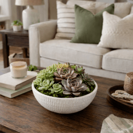 Succulent arrangement in a white bowl on a coffee table