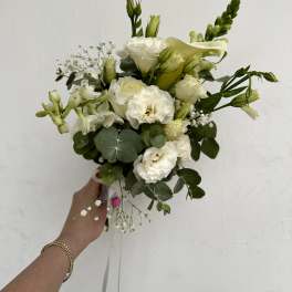 White and green hand-tied bouquet with mixed blooms