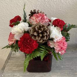 Red and white carnations arranged in a burgundy vase with pinecones