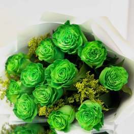 Bouquet of bright green roses wrapped in white paper