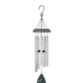 Silver wind chime with hanging tubes and a small bell