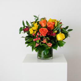 Fireball Bouquet - Orange and Yellow Rose Arrangement in Glass Vase