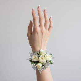 White Rose Wrist Corsage With Silver Mesh Ribbon