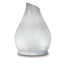 White teardrop-shaped electric diffuser with a frosted finish and small control icons on the base.