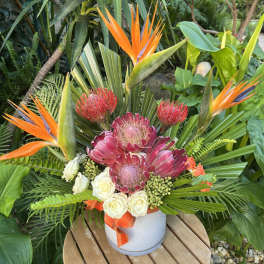 Tropical flower arrangement in a white vase with orange bird-of-paradise and pink protea