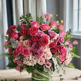 Pink and red rose arrangement in a glass vase
