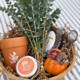 Gift basket with a potted plant, tea tin, pumpkin, and dried flowers