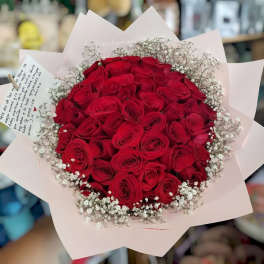 Large bouquet of red roses with white baby's breath in pale pink wrap