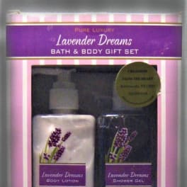 Lavender Dreams bath and body gift set in a pink striped box