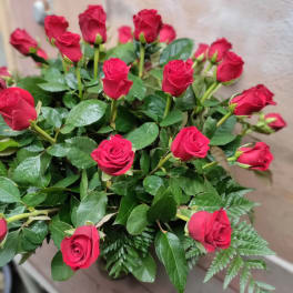 Bouquet of red roses with green foliage