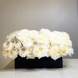 White roses arranged in a black rectangular box
