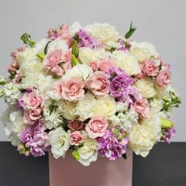 Pink, white, and lavender bouquet in a blush cylindrical box