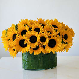 Sunflower bouquet in a green glass vase
