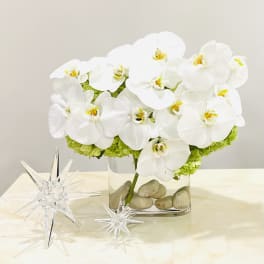 White orchid arrangement in a clear rectangular vase with decorative stones