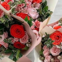 Several bouquets of pink and red roses wrapped in pastel paper