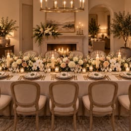Long banquet table with white and blush floral centerpieces and candles
