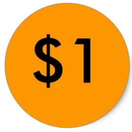 Orange circle with "$1" in black text