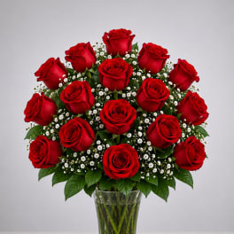 Red roses arranged in a clear glass vase with small white filler flowers