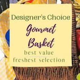 Designer’s choice gourmet basket with a yellow sign