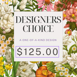 Designer’s choice floral product card with assorted flowers and a $125 price