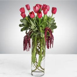 Pink tulips arranged in a tall glass vase with trailing burgundy accents