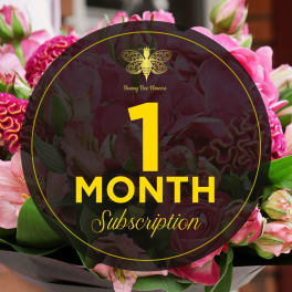 Graphic for one-month flower subscription over pink mixed bouquet background