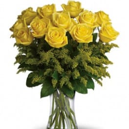 Arrangement of yellow roses with feathery green filler in a clear glass vase