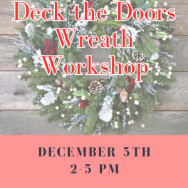 Holiday wreath with pinecones and berries, overlaid with workshop text
