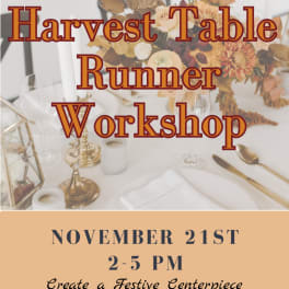 Promotional graphic for a harvest table runner workshop with a floral tablescape
